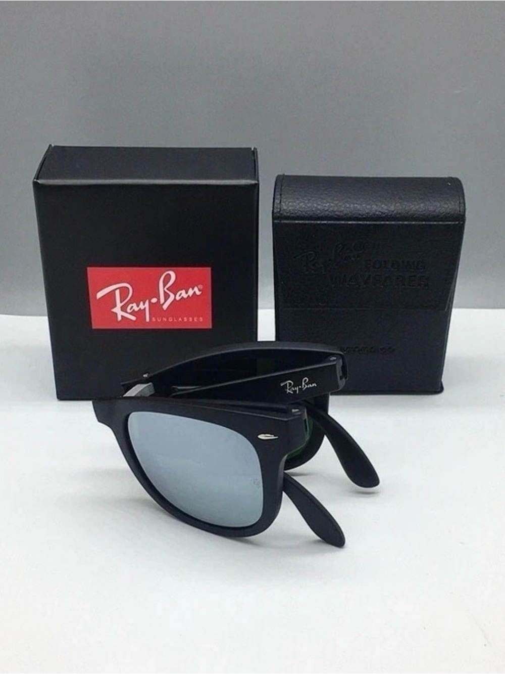 NWT Ray-Ban Folding Wayfarer RB4105 Black Silver Mirror 50mm - Picture 8 of 17